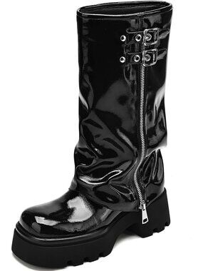 🆕Women Black Patent Leather Chunky Platform Moto Riding Boots Slouchy Fold Over